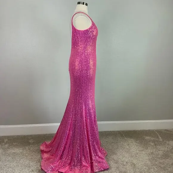 Jovani Sequined Backless Long Mermaid Evening Gown Fuchsia Pink Size 18 Dress - Picture 5 of 11